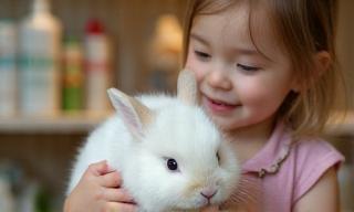 Enfant tenant un lapin blanc en animalerie