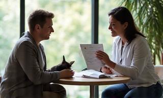 Consultante discutant de nutrition avec une cliente et son chat